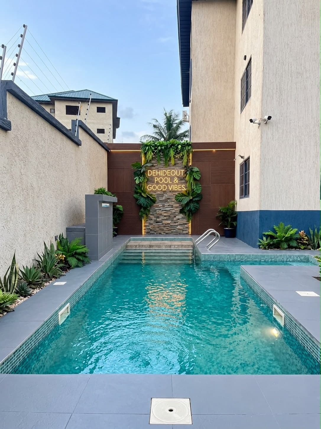 The courtyard pool, with steps down at the far end under a lit sign: DeHideout, pool and good vibes